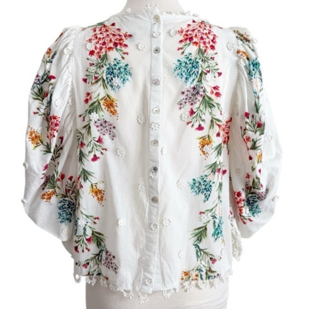 FARM RIO Louise Floral White Multi Floral Puff Sleeve Top M Like New RARE - Picture 11 of 16